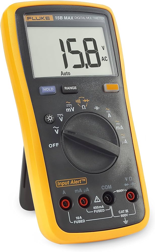 Fluke 15b Max Digital Multimeter - 183x91x49.5 Mm Yellow, Cat Iii 600v, True Rms, Temperature, Resistance, Current Measurement