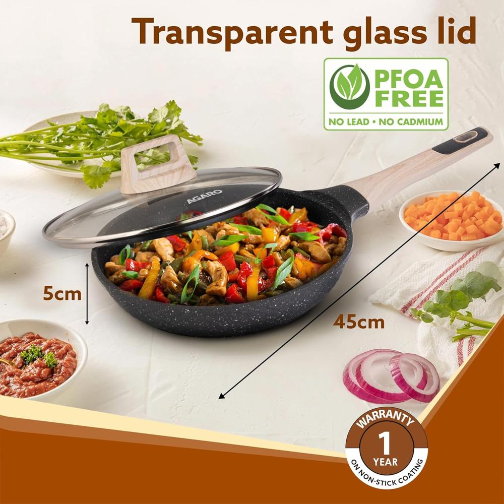 AGARO Imperial Granite Non Stick Frypan with Glass Lid, 1.6L / 24cm, Cast Aluminium Body, Omlette Egg Pan, Fish Fry Pan, Gas & Induction Compatible, Dark Grey  34170