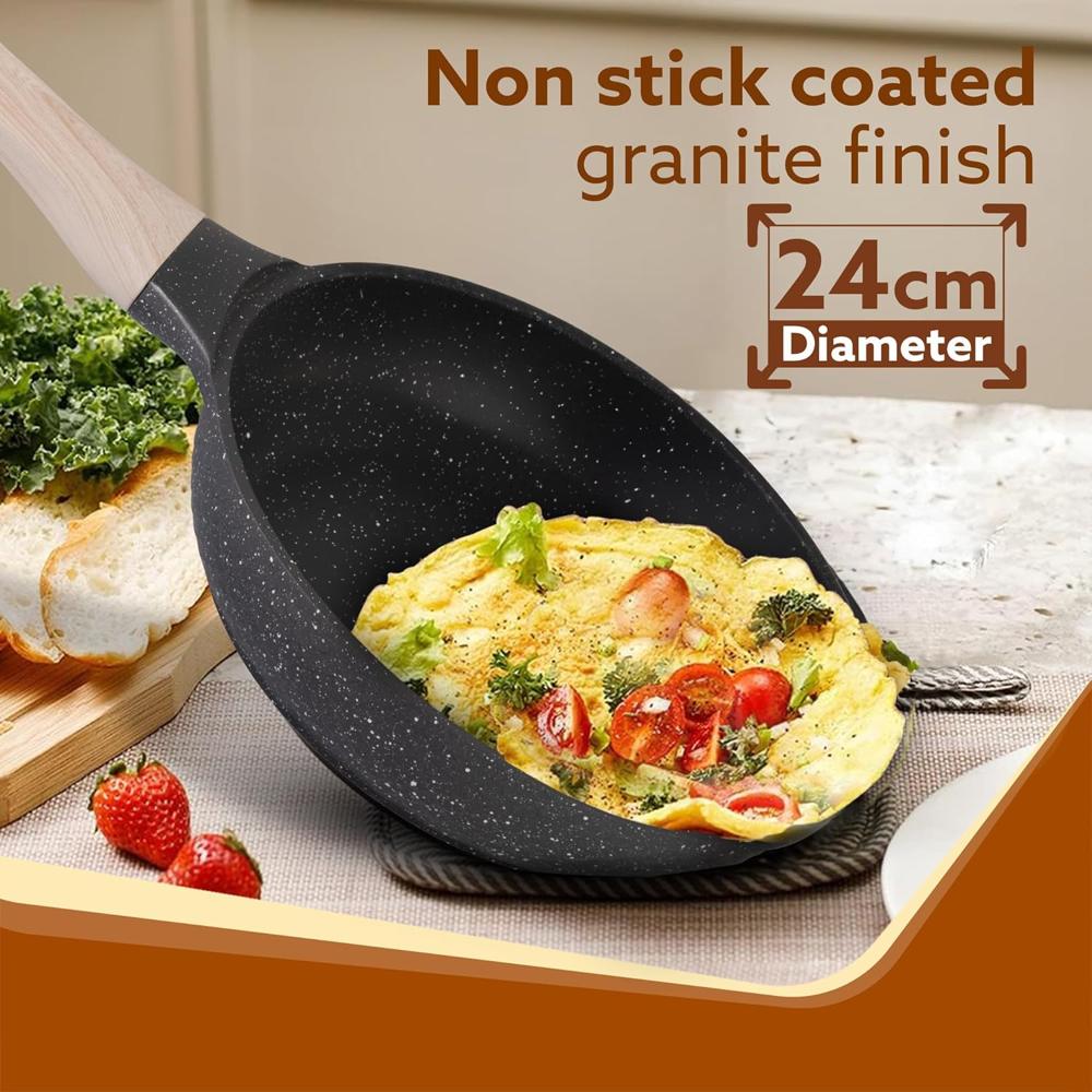 AGARO Imperial Granite Non Stick Frypan with Glass Lid, 1.6L / 24cm, Cast Aluminium Body, Omlette Egg Pan, Fish Fry Pan, Gas & Induction Compatible, Dark Grey  34170
