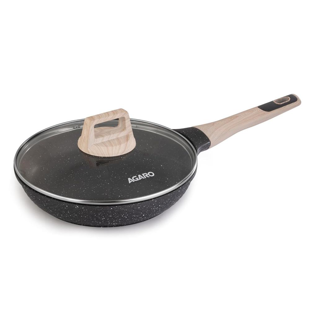 AGARO Imperial Granite Non Stick Frypan with Glass Lid, 3L / 28cm, Cast Aluminium Body, Omlette Egg Pan, Fish Fry Pan, Gas & Induction Compatible 34171