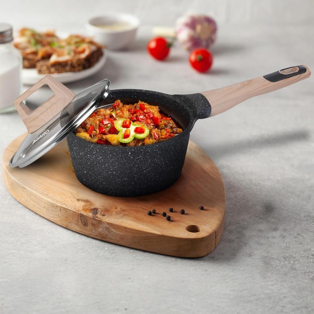 AGARO Imperial Granite Non Stick Sauce pan with Glass Lid, 1.5L / 16cm, Cast Aluminium Body, Gas & Induction Compatible - 34172