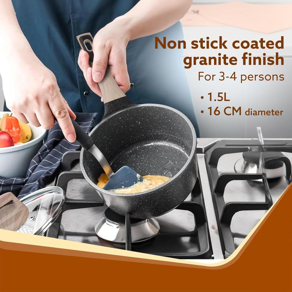 AGARO Imperial Granite Non Stick Sauce pan with Glass Lid, 1.5L / 16cm, Cast Aluminium Body, Gas & Induction Compatible - 34172