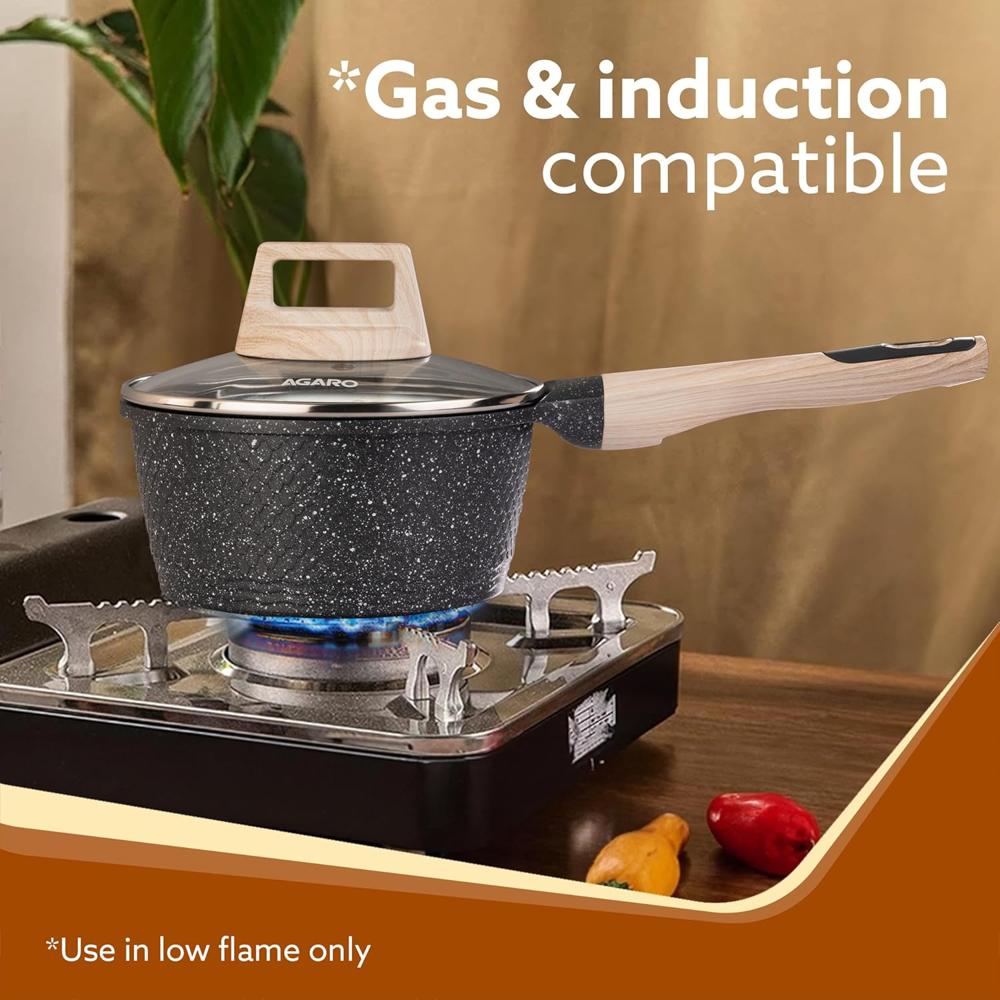 AGARO Imperial Granite Non Stick Sauce pan with Glass Lid, 1.5L / 16cm, Cast Aluminium Body, Gas & Induction Compatible - 34172