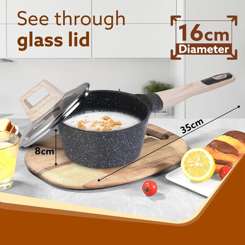 AGARO Imperial Granite Non Stick Sauce pan with Glass Lid, 1.5L / 16cm, Cast Aluminium Body, Gas & Induction Compatible - 34172