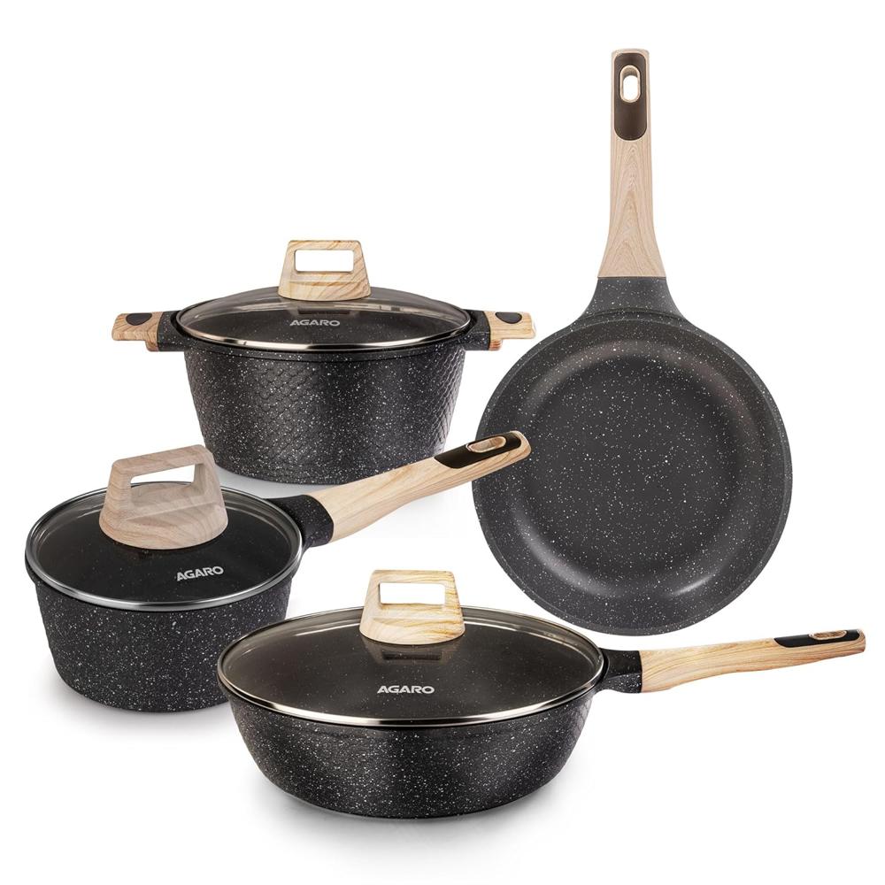 AGARO Imperial Granite Non Stick Cookware Set, 4pcs Cookware Set, 24cm &16cm Sauce pan with Lid, 28cm Deep Fry Pan with Lid, Cast Aluminium, Gas & Induction Com 34176patible.