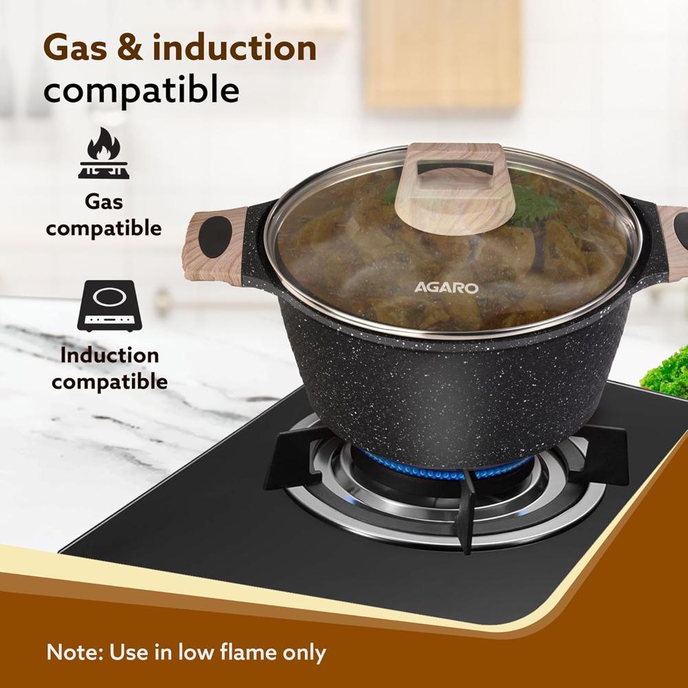 AGARO Imperial Granite Non Stick Cookware Set, 4pcs Cookware Set, 24cm &16cm Sauce pan with Lid, 28cm Deep Fry Pan with Lid, Cast Aluminium, Gas & Induction Com 34176patible.