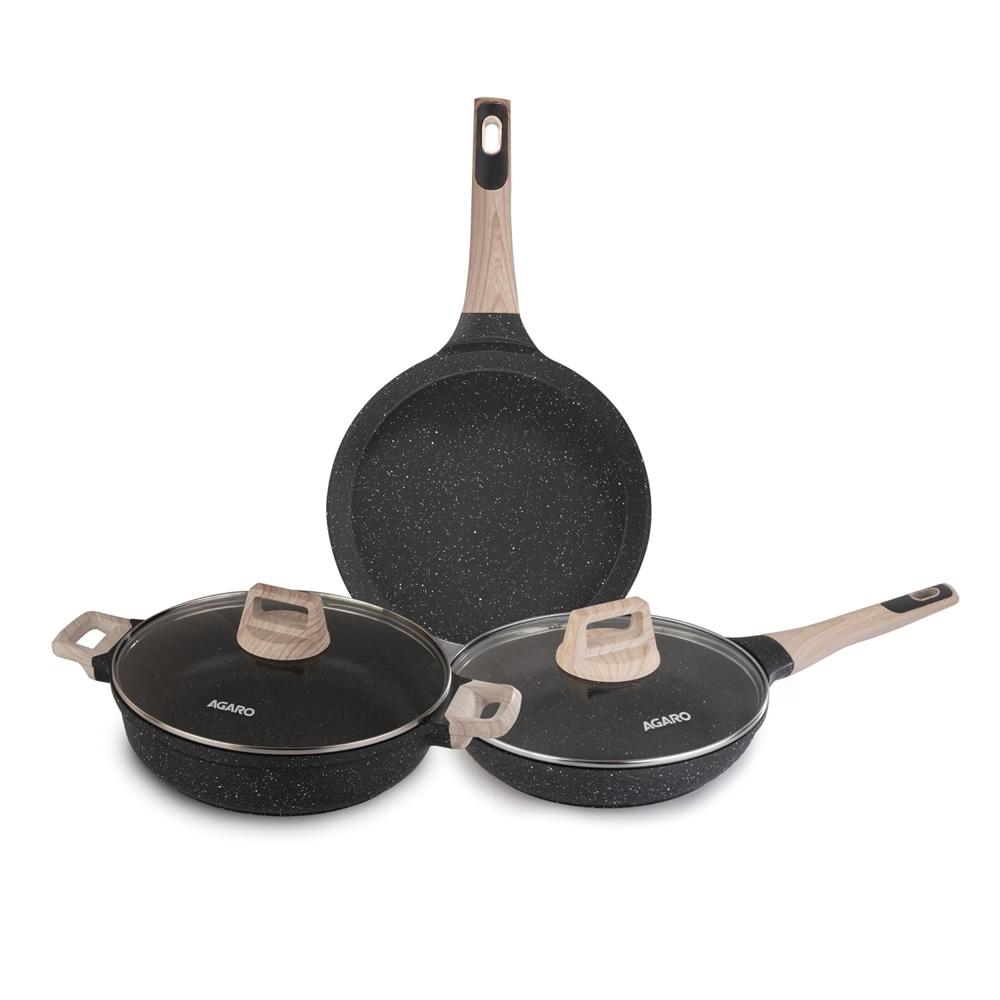 AGARO Imperial Granite Non Stick Cookware Set, 3pcs Cookware Set, 24cm Frying Pan with Glass Lid, 28cm Dosa Tawa, 28cm Kadai with Glass Lid, Cast Aluminium Body, Gas & Induction Compatible, Dark Grey 34177