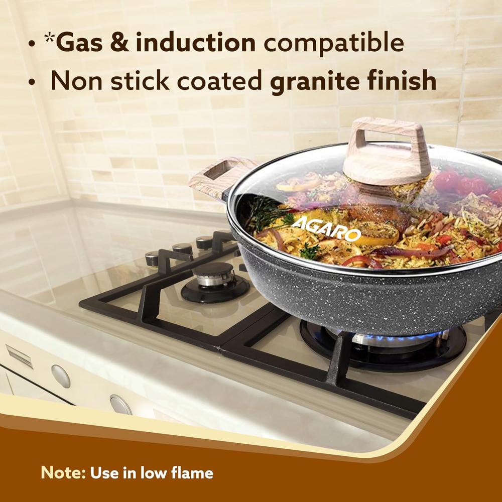 AGARO Imperial Granite Non Stick Cookware Set, 3pcs Cookware Set, 24cm Frying Pan with Glass Lid, 28cm Dosa Tawa, 28cm Kadai with Glass Lid, Cast Aluminium Body, Gas & Induction Compatible, Dark Grey 34177