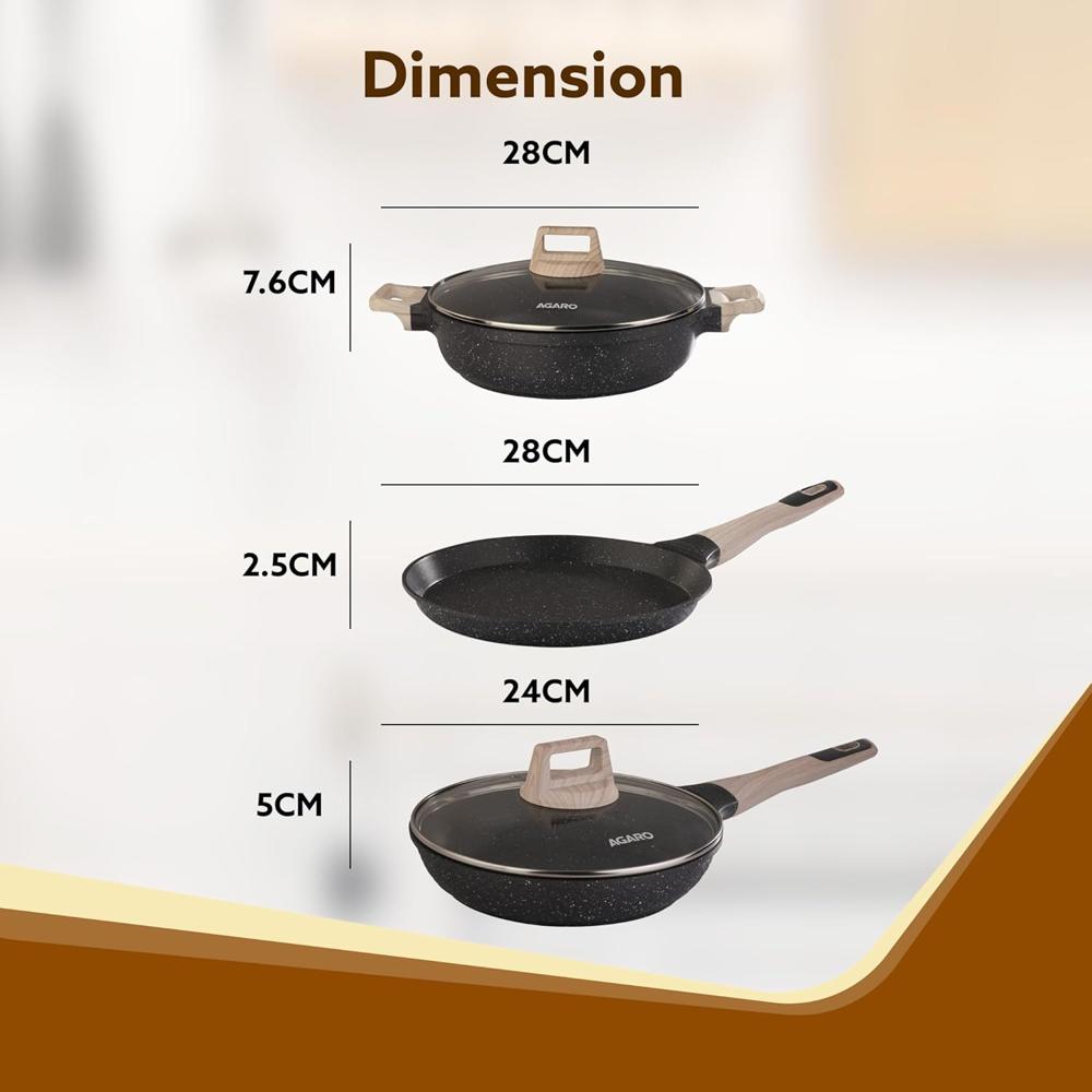 AGARO Imperial Granite Non Stick Cookware Set, 3pcs Cookware Set, 24cm Frying Pan with Glass Lid, 28cm Dosa Tawa, 28cm Kadai with Glass Lid, Cast Aluminium Body, Gas & Induction Compatible, Dark Grey 34177
