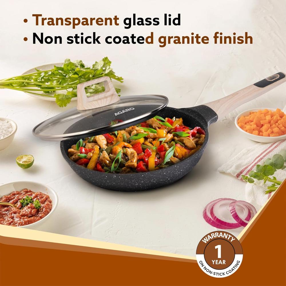 AGARO Imperial Granite Non Stick Cookware Set, 3pcs Cookware Set, 24cm Frying Pan with Glass Lid, 28cm Dosa Tawa, 28cm Kadai with Glass Lid, Cast Aluminium Body, Gas & Induction Compatible, Dark Grey 34177