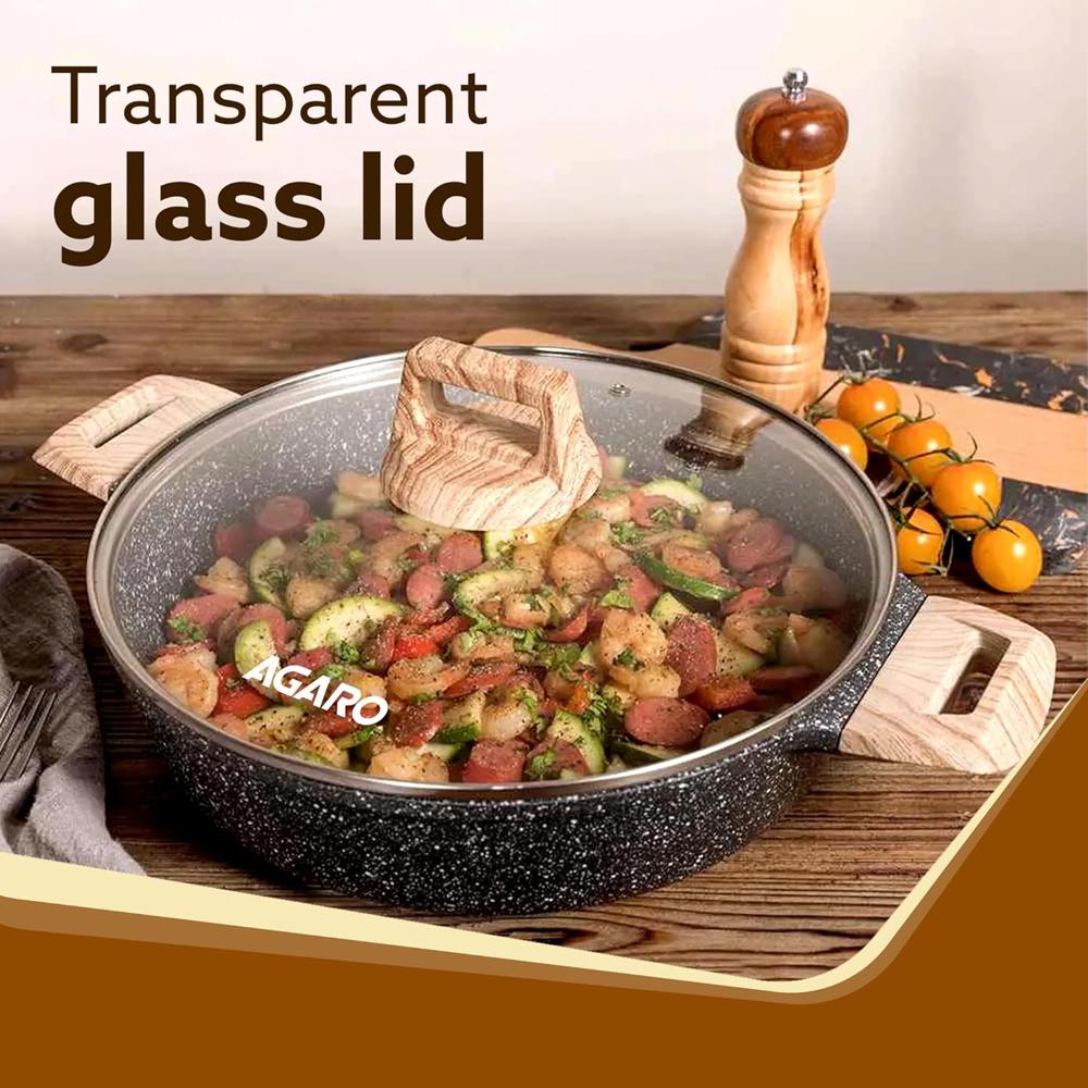 AGARO Imperial Granite Non Stick Kadai with Glass Lid, 2.8L / 24cm, Kadai,Deep Frying Pan, Biryani Pot, Cast Aluminium Body, Gas & Induction Compatible, Dark Grey  34178