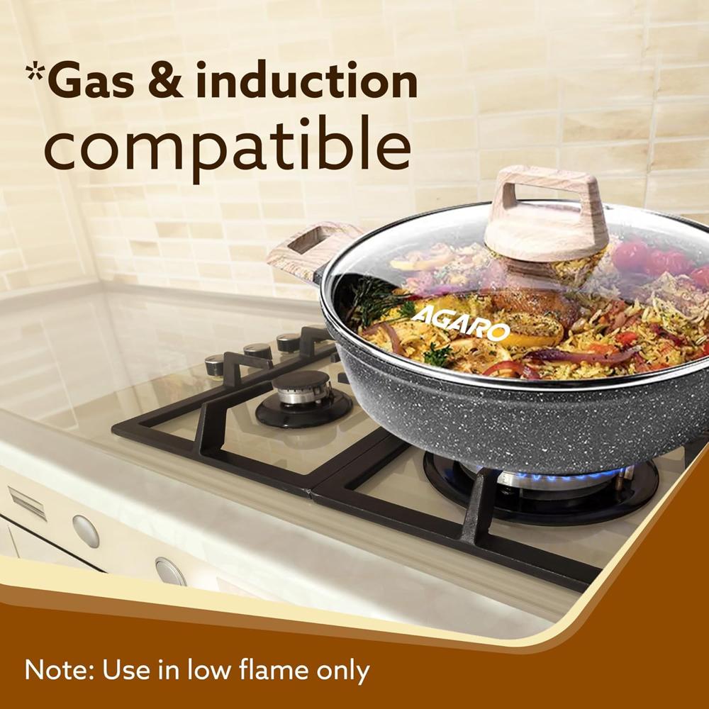 AGARO Imperial Granite Non Stick Kadai with Glass Lid, 2.8L / 24cm, Kadai,Deep Frying Pan, Biryani Pot, Cast Aluminium Body, Gas & Induction Compatible, Dark Grey  34178