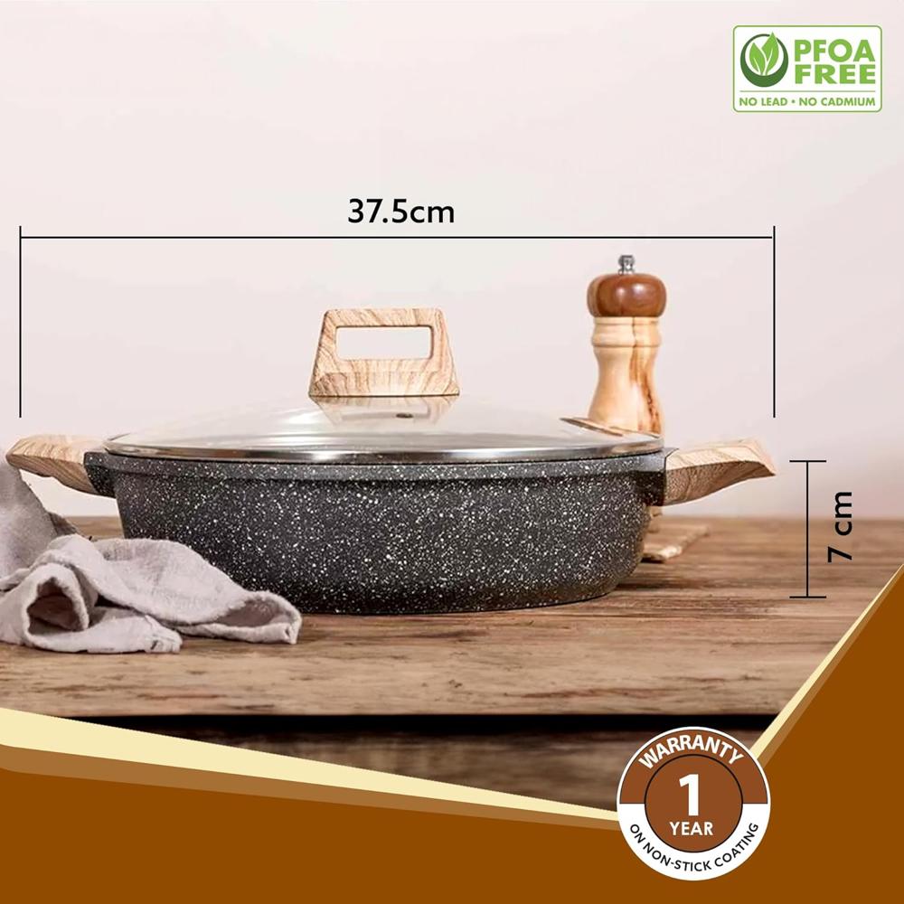 AGARO Imperial Granite Non Stick Kadai with Glass Lid, 2.8L / 24cm, Kadai,Deep Frying Pan, Biryani Pot, Cast Aluminium Body, Gas & Induction Compatible, Dark Grey  34178