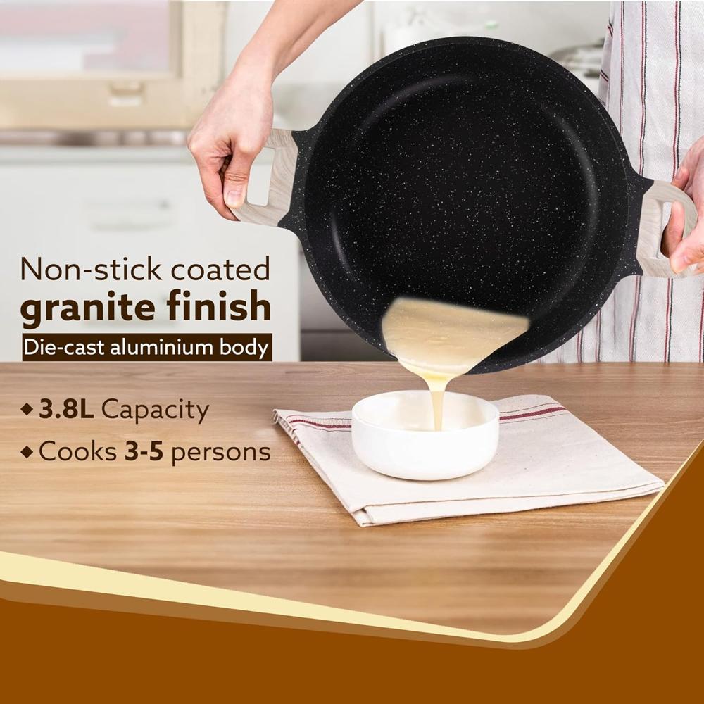 AGARO Imperial Granite Non Stick Kadai with Glass Lid, 3.8L / 28cm, Deep Frying Pan, Biryani Pot, Cast Aluminium Body, Gas & Induction Compatible, Dark Grey  34179