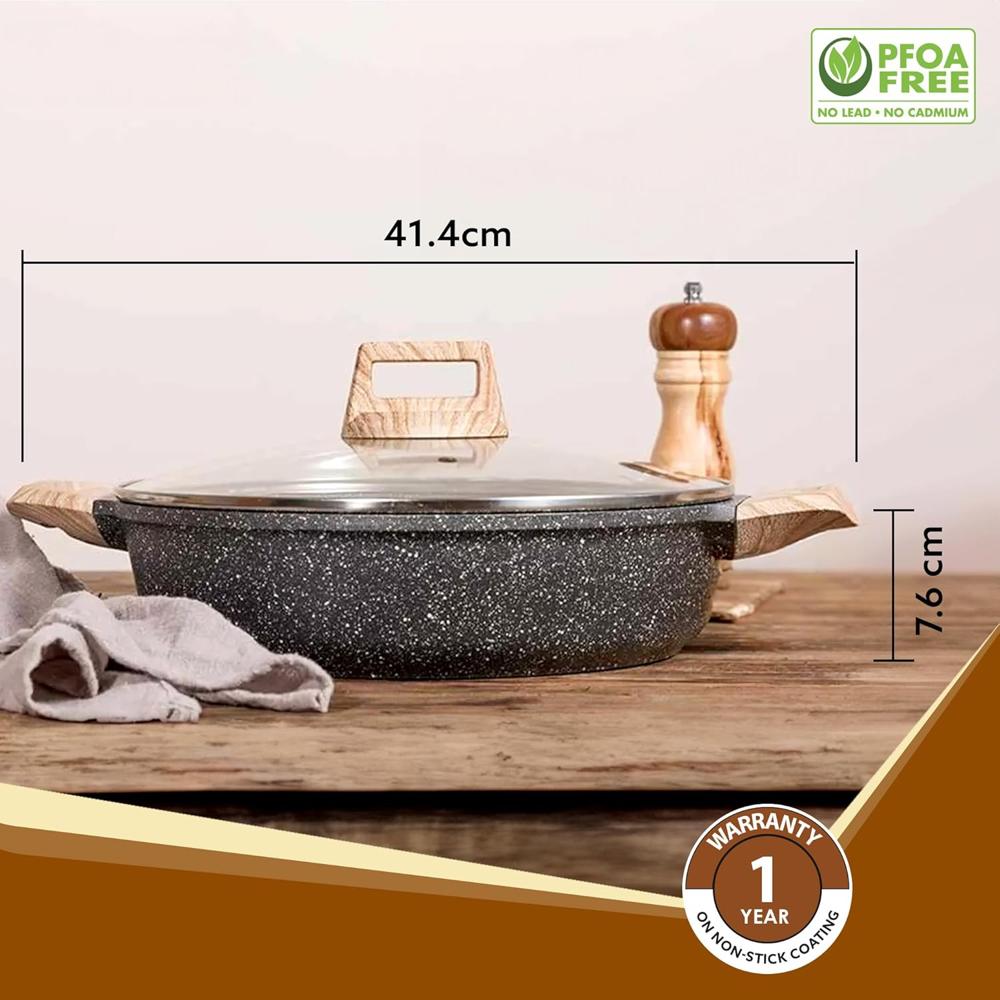 AGARO Imperial Granite Non Stick Kadai with Glass Lid, 3.8L / 28cm, Deep Frying Pan, Biryani Pot, Cast Aluminium Body, Gas & Induction Compatible, Dark Grey  34179