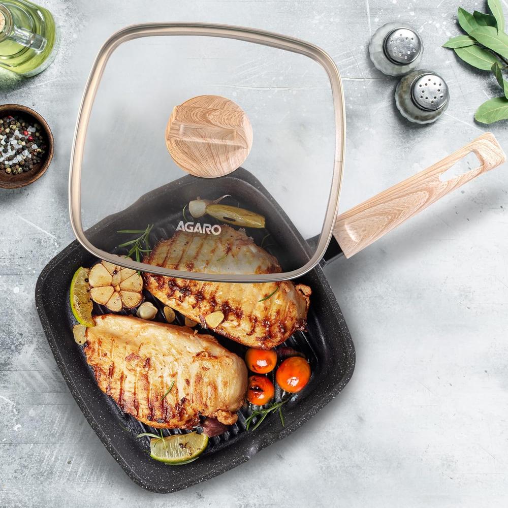AGARO Imperial Granite Non Stick Grill pan with Glass Lid, 1.8L/ 24cm, Cast Aluminium Body, Gas & Induction Compatible, Dark Grey 34180