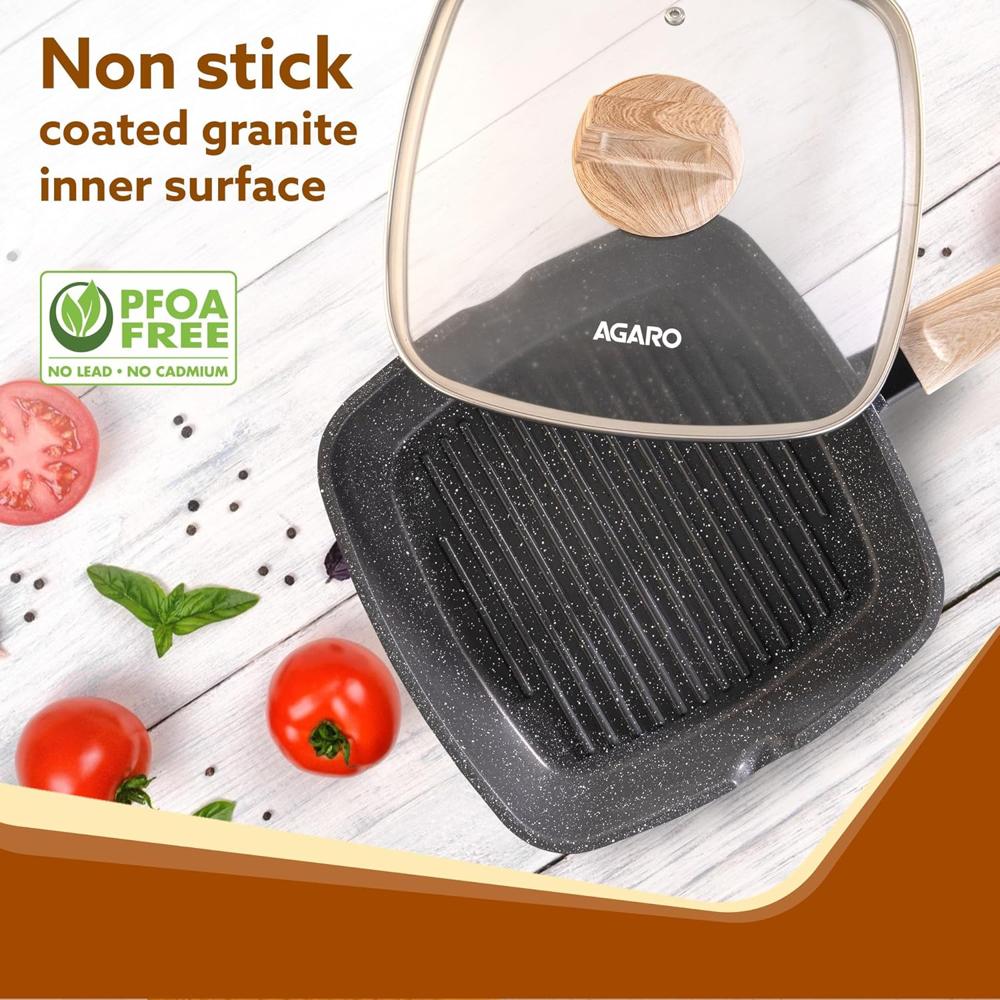 AGARO Imperial Granite Non Stick Grill pan with Glass Lid, 1.8L/ 24cm, Cast Aluminium Body, Gas & Induction Compatible, Dark Grey 34180