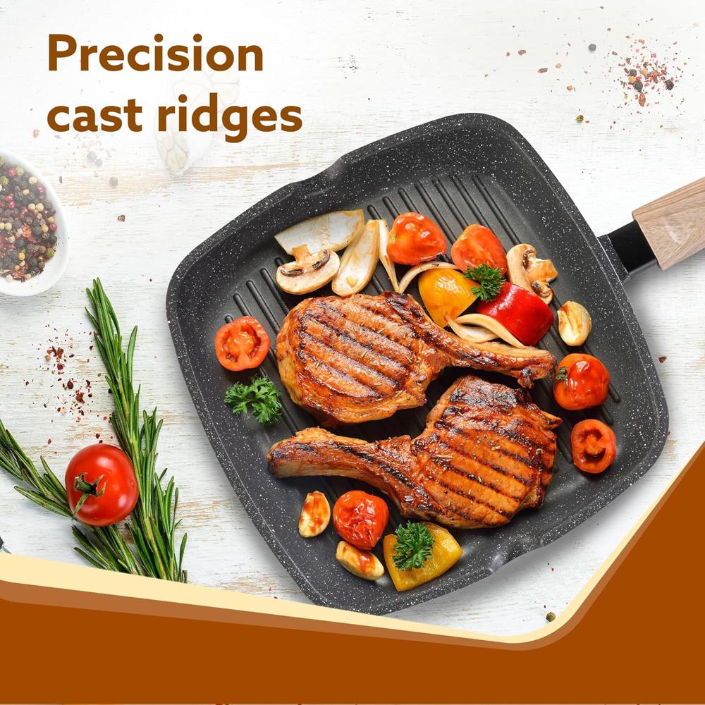 AGARO Imperial Granite Non Stick Grill pan with Glass Lid, 1.8L/ 24cm, Cast Aluminium Body, Gas & Induction Compatible, Dark Grey 34180