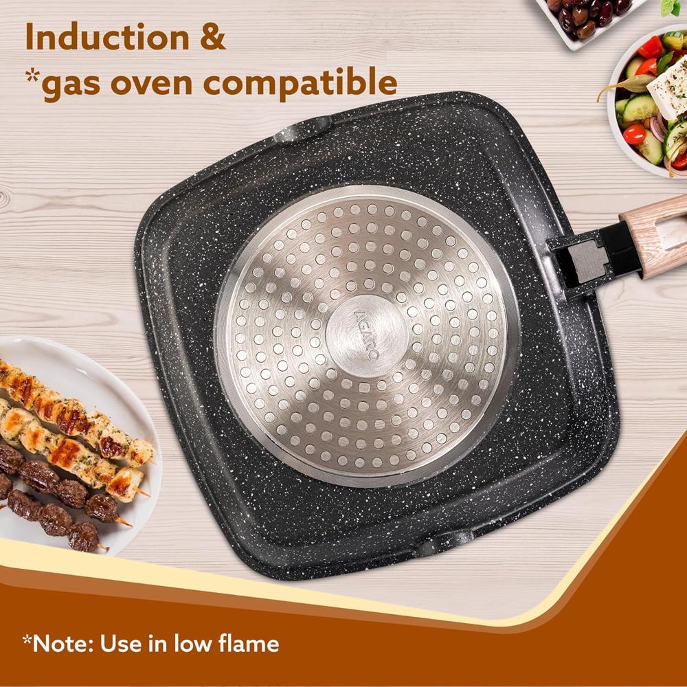 AGARO Imperial Granite Non Stick Grill pan with Glass Lid, 1.8L/ 24cm, Cast Aluminium Body, Gas & Induction Compatible, Dark Grey 34180