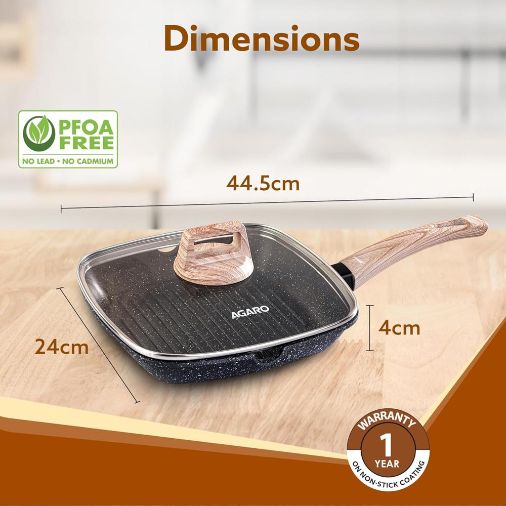 AGARO Imperial Granite Non Stick Grill pan with Glass Lid, 1.8L/ 24cm, Cast Aluminium Body, Gas & Induction Compatible, Dark Grey 34180