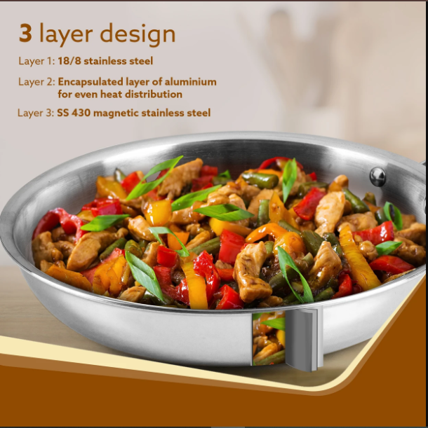 AGARO Regency Tri-Ply Steel Frying Pan Fry Pan 24 cm diameter 1.5 L capacity Aluminium, Non-stick, Induction Bottom  33965