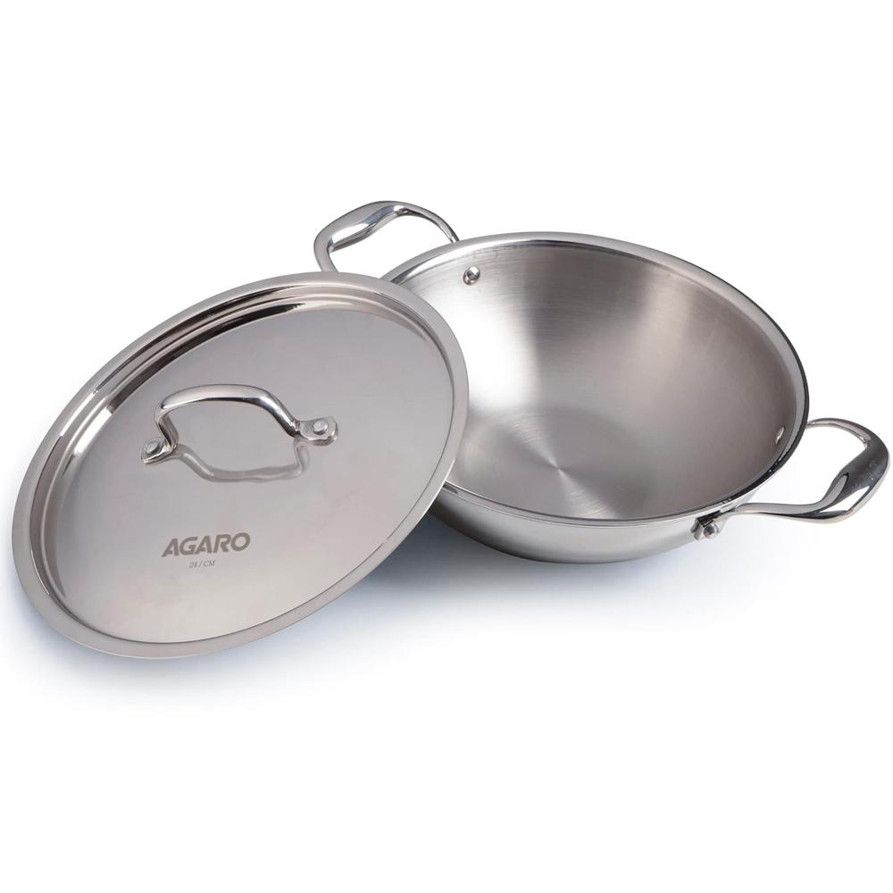 AGARO Regency Tri-Ply Steel Kadai, 2.25L Capacity, 24 cm Diameter, Stainless Steel, Riveted Handle, Food Safe, Gas Oven and Induction Oven Compatible, Cooking, Frying, Serving, Silver 33966