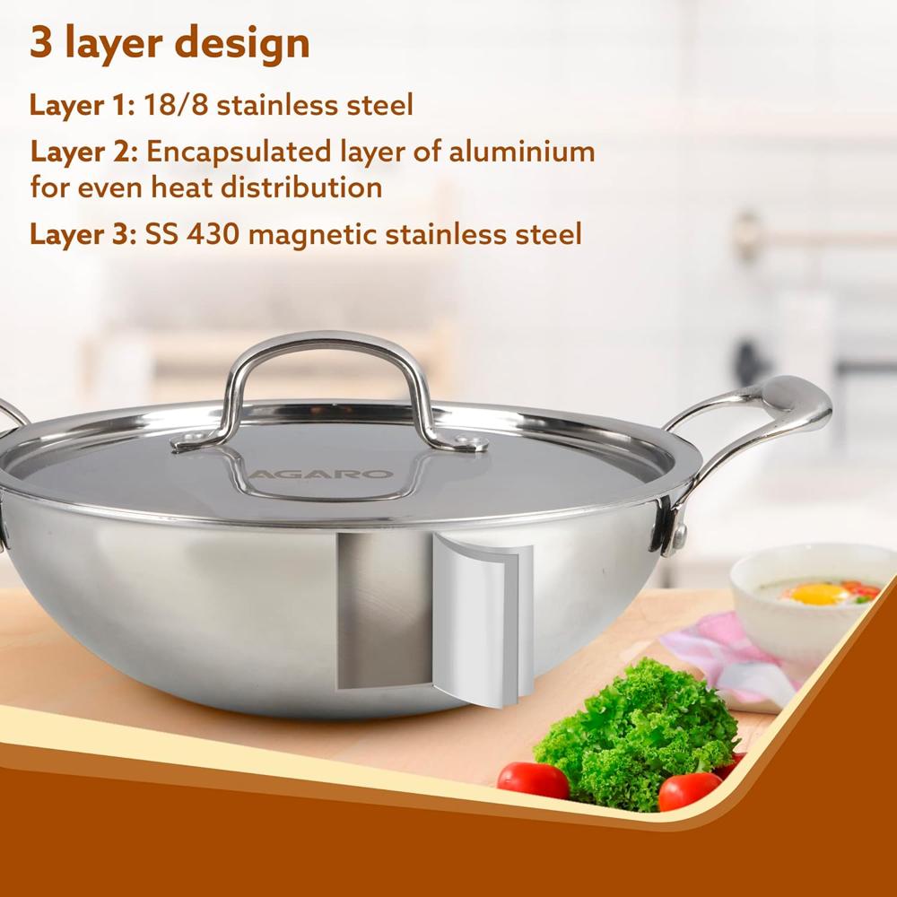 AGARO Regency Tri-Ply Steel Kadai, 2.25L Capacity, 24 cm Diameter, Stainless Steel, Riveted Handle, Food Safe, Gas Oven and Induction Oven Compatible, Cooking, Frying, Serving, Silver 33966