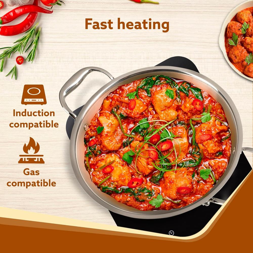 AGARO Regency Tri-Ply Steel Kadai, 2.25L Capacity, 24 cm Diameter, Stainless Steel, Riveted Handle, Food Safe, Gas Oven and Induction Oven Compatible, Cooking, Frying, Serving, Silver 33966