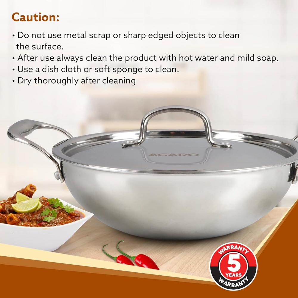 AGARO Regency Tri-Ply Steel Kadai, 2.25L Capacity, 24 cm Diameter, Stainless Steel, Riveted Handle, Food Safe, Gas Oven and Induction Oven Compatible, Cooking, Frying, Serving, Silver 33966