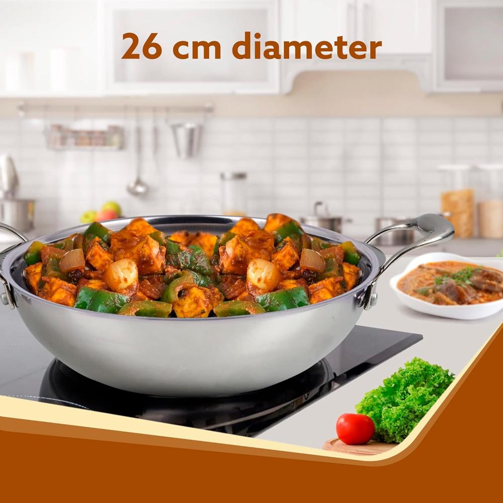 AGARO Regency Tri-Ply Steel Kadai, 2.75L Capacity, 26 cm Diameter, Stainless Steel, Riveted Handle, Food Safe, Gas Oven and Induction Oven Compatible, Cooking, Frying, Serving, Silver 33967