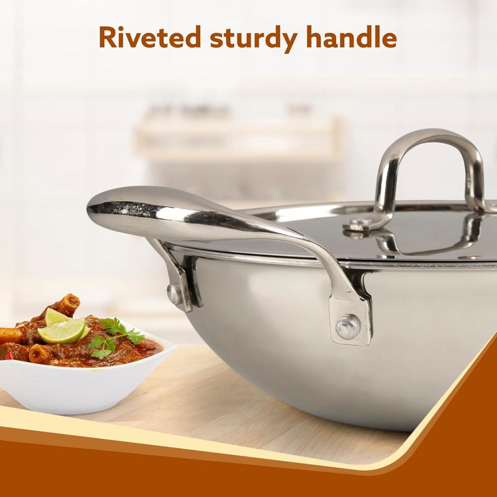 AGARO Regency Tri-Ply Steel Kadai, 2.75L Capacity, 26 cm Diameter, Stainless Steel, Riveted Handle, Food Safe, Gas Oven and Induction Oven Compatible, Cooking, Frying, Serving, Silver 33967