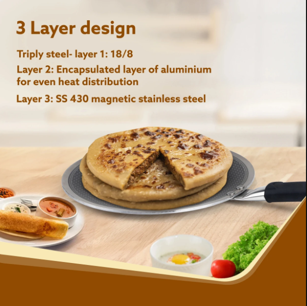 AGARO Royal Honey Comb Tawa, 26 cm Diameter, Tri-Ply Steel with Honey Comb Pattern Design, Gas & Induction Oven Compatible, Riveted Handle, Food Safe & PFOA Free, Cooking, Cookware, Silver.  33968
