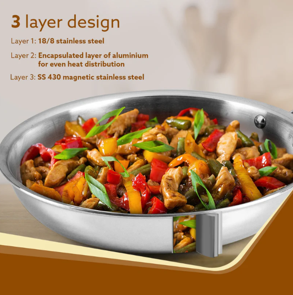 AGARO Royal Honey Comb Frying Pan, 1L Capacity, 22 cm Diameter, Tri-Ply Steel with Honey Comb, Riveted Handle, Food Safe & PFOA Free, Gas & Induction Compatible, Cooking, Frying, Serving, Silver 33969