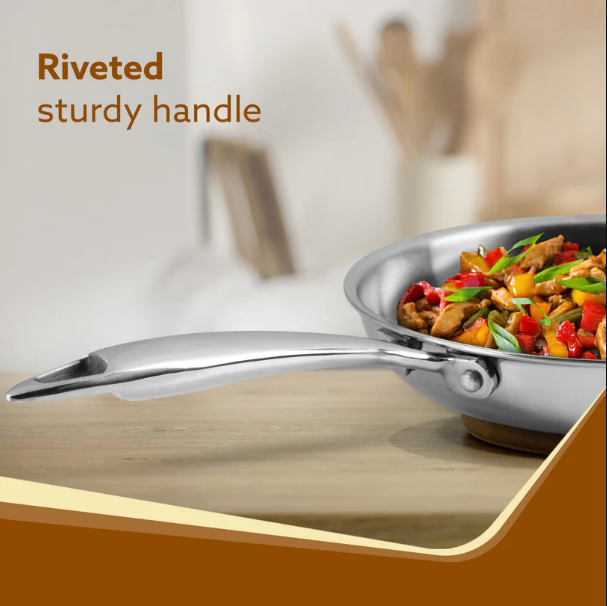 AGARO Royal Honey Comb Frying Pan, 1L Capacity, 22 cm Diameter, Tri-Ply Steel with Honey Comb, Riveted Handle, Food Safe & PFOA Free, Gas & Induction Compatible, Cooking, Frying, Serving, Silver 33969