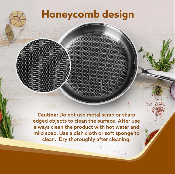 AGARO Royal Honey Comb Frying Pan, 1L Capacity, 22 cm Diameter, Tri-Ply Steel with Honey Comb, Riveted Handle, Food Safe & PFOA Free, Gas & Induction Compatible, Cooking, Frying, Serving, Silver 33969