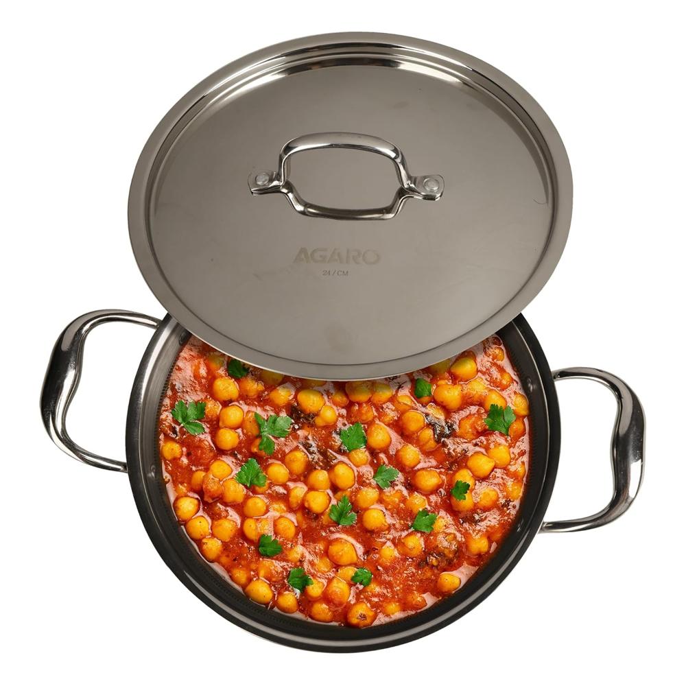 AGARO Royal Honey Comb Kadai, 2.25L Capacity, 24 cm Diameter, Gas & Induction Compatible, Tri-Ply Steel with Honey Comb Design, Riveted Handle, Food Safe & PFOA Free, Cooking, Frying, Serving, Silver  33970