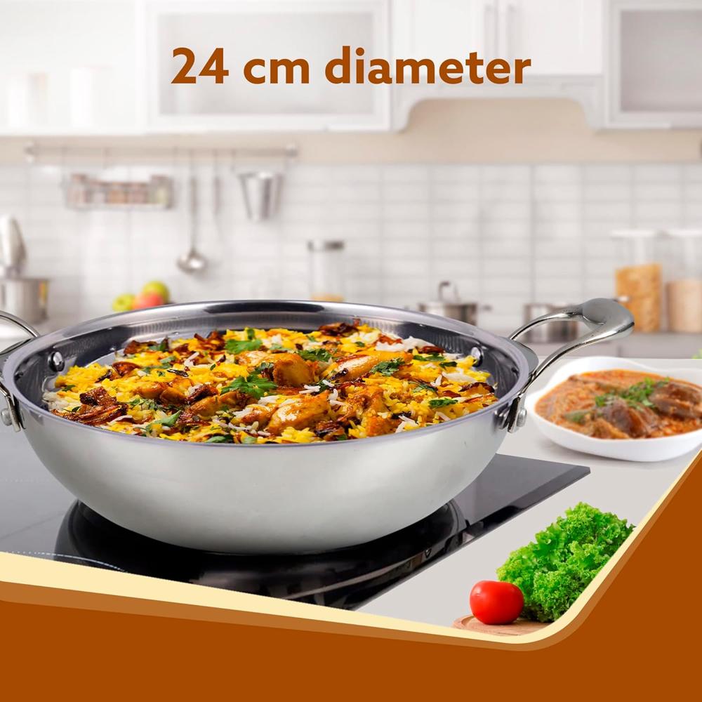 AGARO Royal Honey Comb Kadai, 2.25L Capacity, 24 cm Diameter, Gas & Induction Compatible, Tri-Ply Steel with Honey Comb Design, Riveted Handle, Food Safe & PFOA Free, Cooking, Frying, Serving, Silver  33970