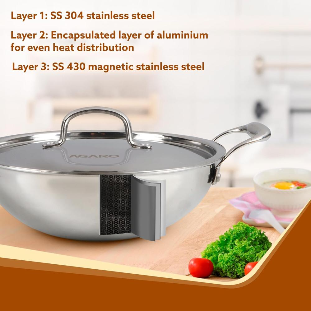 AGARO Royal Honey Comb Kadai, 2.25L Capacity, 24 cm Diameter, Gas & Induction Compatible, Tri-Ply Steel with Honey Comb Design, Riveted Handle, Food Safe & PFOA Free, Cooking, Frying, Serving, Silver  33970