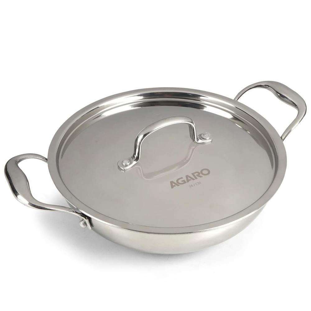 AGARO Royal Honey Comb Kadai, 2.25L Capacity, 24 cm Diameter, Gas & Induction Compatible, Tri-Ply Steel with Honey Comb Design, Riveted Handle, Food Safe & PFOA Free, Cooking, Frying, Serving, Silver  33970