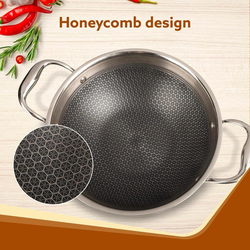 AGARO Royal Honey Comb Kadai, 2.25L Capacity, 24 cm Diameter, Gas & Induction Compatible, Tri-Ply Steel with Honey Comb Design, Riveted Handle, Food Safe & PFOA Free, Cooking, Frying, Serving, Silver  33970