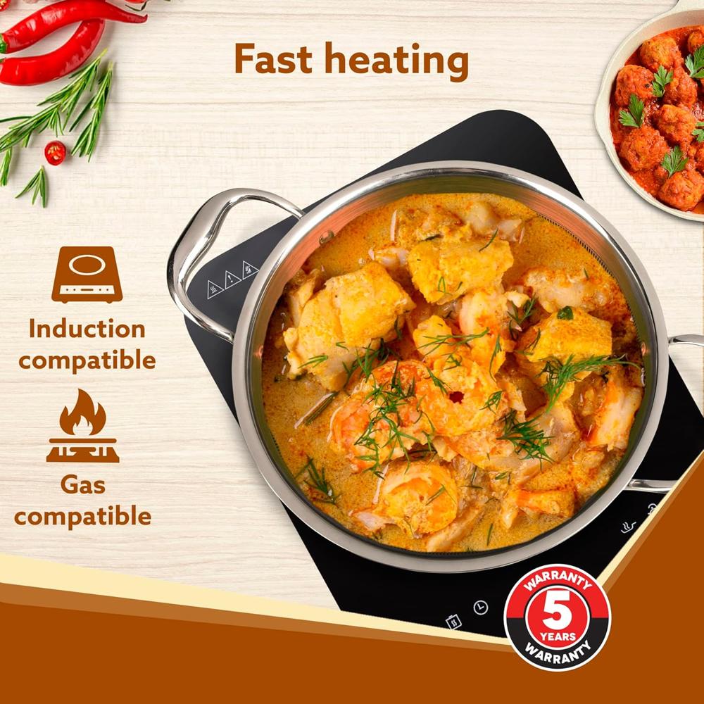 AGARO Royal Honey Comb Kadai, 2.25L Capacity, 24 cm Diameter, Gas & Induction Compatible, Tri-Ply Steel with Honey Comb Design, Riveted Handle, Food Safe & PFOA Free, Cooking, Frying, Serving, Silver  33970