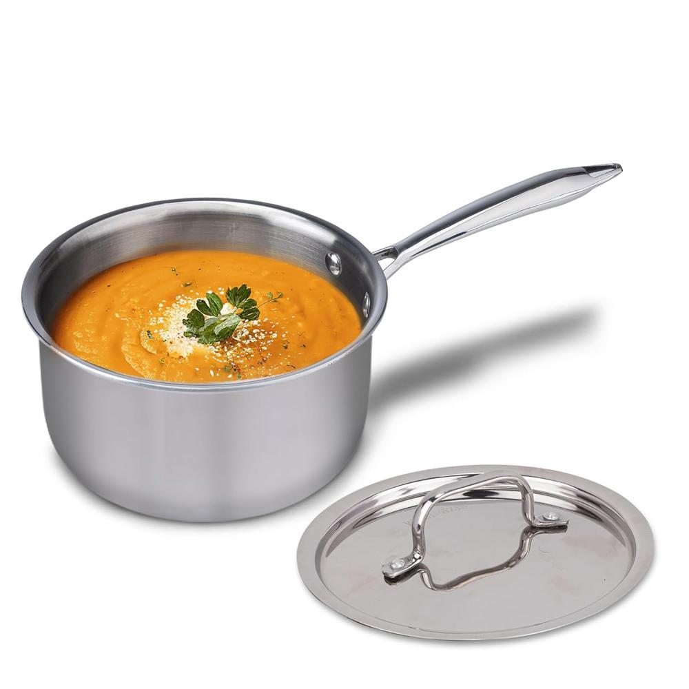 AGARO Regency Triply Steel Saucepan with Lid 14 Cm, Triple Layered Stainless Steel Body, 1.25L Capacity, 2.5Mm Thick Body, Sturdy Handle, Induction & Gas Compatible, Tea, Chai Pan, 1250 Ml  34287