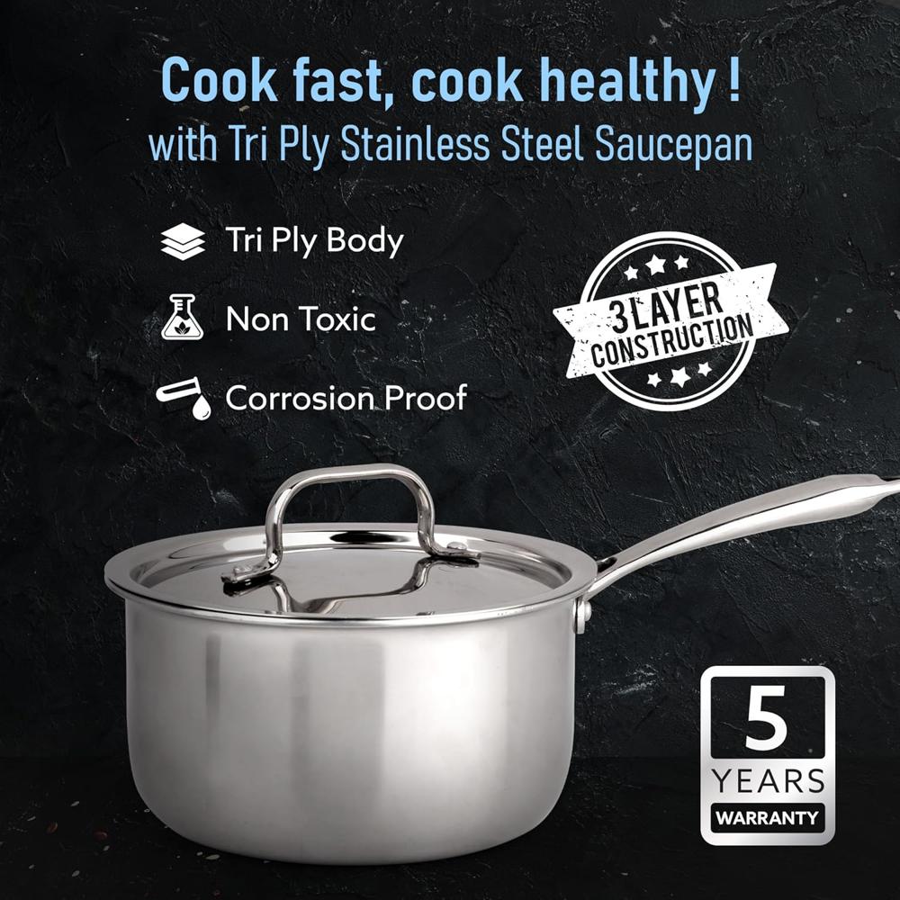AGARO Regency Triply Steel Saucepan with Lid 14 Cm, Triple Layered Stainless Steel Body, 1.25L Capacity, 2.5Mm Thick Body, Sturdy Handle, Induction & Gas Compatible, Tea, Chai Pan, 1250 Ml  34287