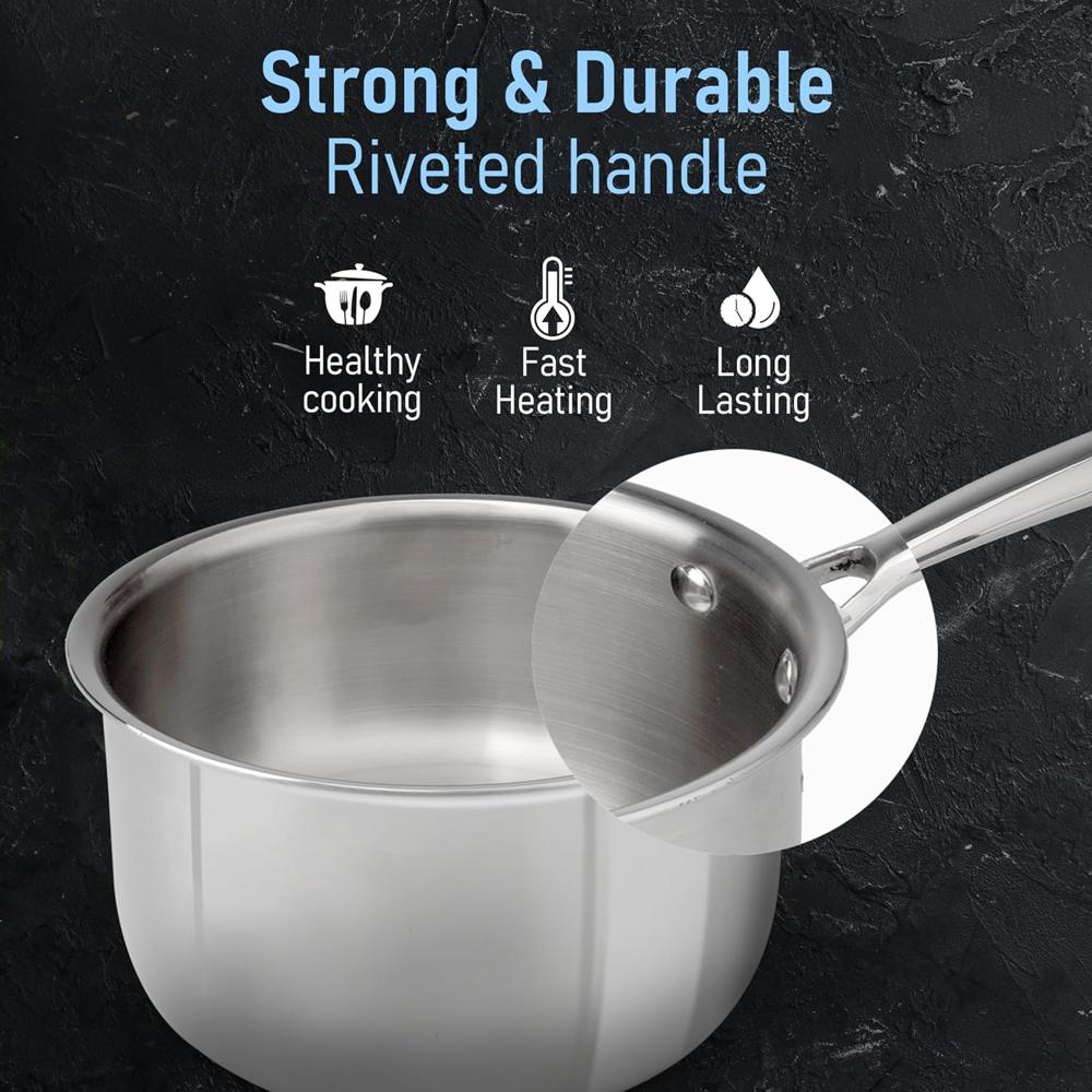 AGARO Regency Triply Steel Saucepan with Lid 14 Cm, Triple Layered Stainless Steel Body, 1.25L Capacity, 2.5Mm Thick Body, Sturdy Handle, Induction & Gas Compatible, Tea, Chai Pan, 1250 Ml  34287