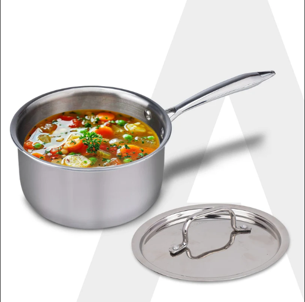 Regency Triply Steel Saucepan With Lid 18 cm, Triple Layered Stainless Steel Body, 2.25L Capacity, 2.5mm Thick Body, Sturdy Handle, Induction & Gas Compatible, Tea, Chai Pan 34288