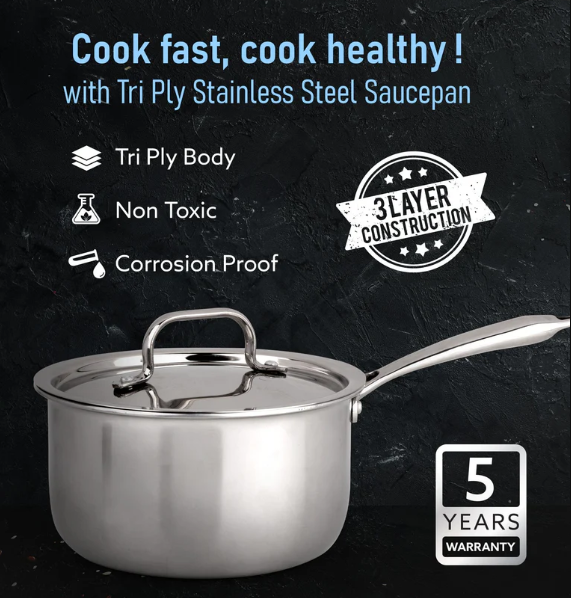 Regency Triply Steel Saucepan With Lid 18 cm, Triple Layered Stainless Steel Body, 2.25L Capacity, 2.5mm Thick Body, Sturdy Handle, Induction & Gas Compatible, Tea, Chai Pan 34288