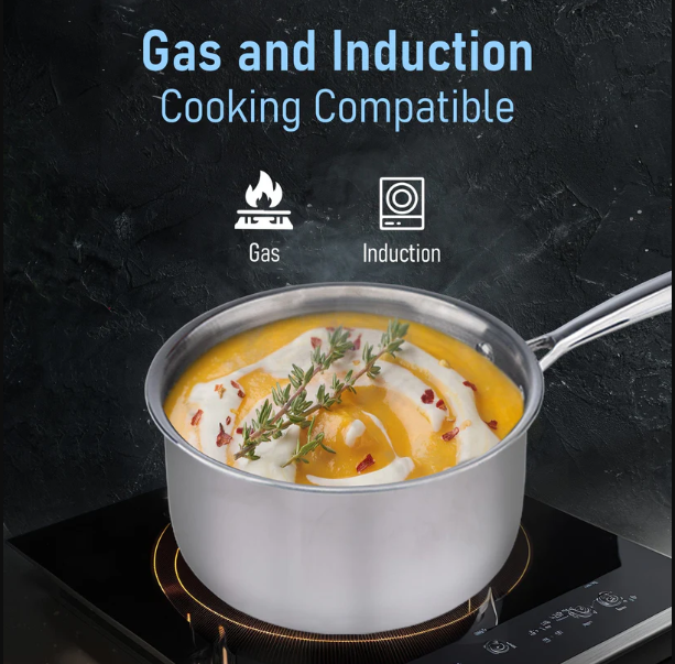 Regency Triply Steel Saucepan With Lid 18 cm, Triple Layered Stainless Steel Body, 2.25L Capacity, 2.5mm Thick Body, Sturdy Handle, Induction & Gas Compatible, Tea, Chai Pan 34288