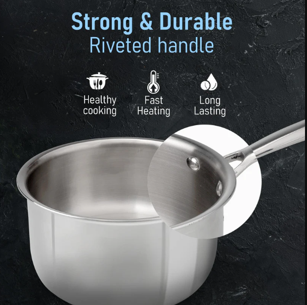 Regency Triply Steel Saucepan With Lid 18 cm, Triple Layered Stainless Steel Body, 2.25L Capacity, 2.5mm Thick Body, Sturdy Handle, Induction & Gas Compatible, Tea, Chai Pan 34288