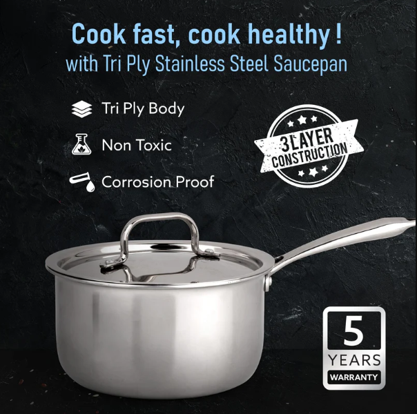 Regency Triply Steel Saucepan With Lid 18 cm, Triple Layered Stainless Steel Body, 2.25L Capacity, 2.5mm Thick Body, Sturdy Handle, Induction & Gas Compatible, Tea, Chai Pan 34288