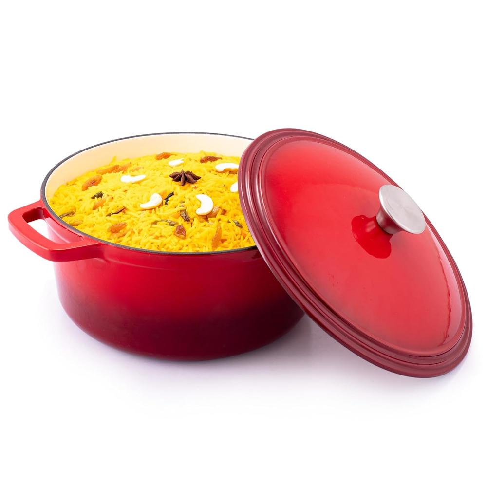 AGARO Royal Enamelled Cast Iron 5L Casserole with Lid, Cooking Pot, No Chemical Coating, Fast Heat, Heavy Weight, Gas & Induction Oven Compatible, for Meat, Dal, Curry, Biryani, Pulao, Red 34264